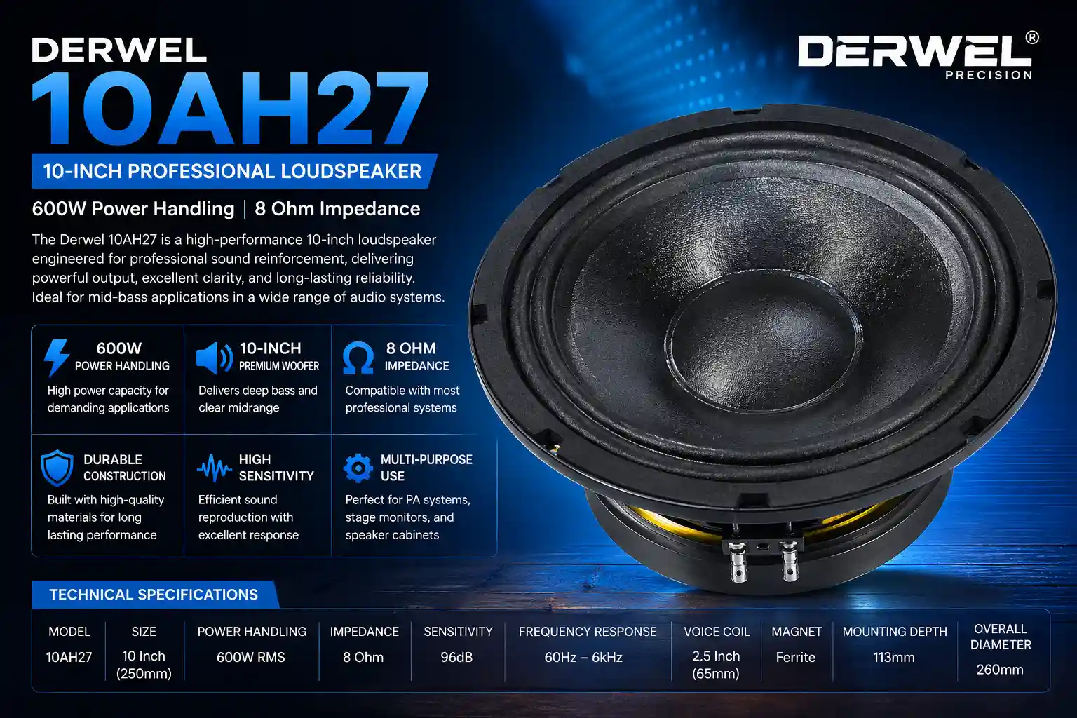 Derwel 10AH27 10-Inch Professional Loudspeaker – 600W Speaker Driver for Stage Monitors and PA Cabinets 10 Derwel 10AH27 10-Inch Professional Loudspeaker