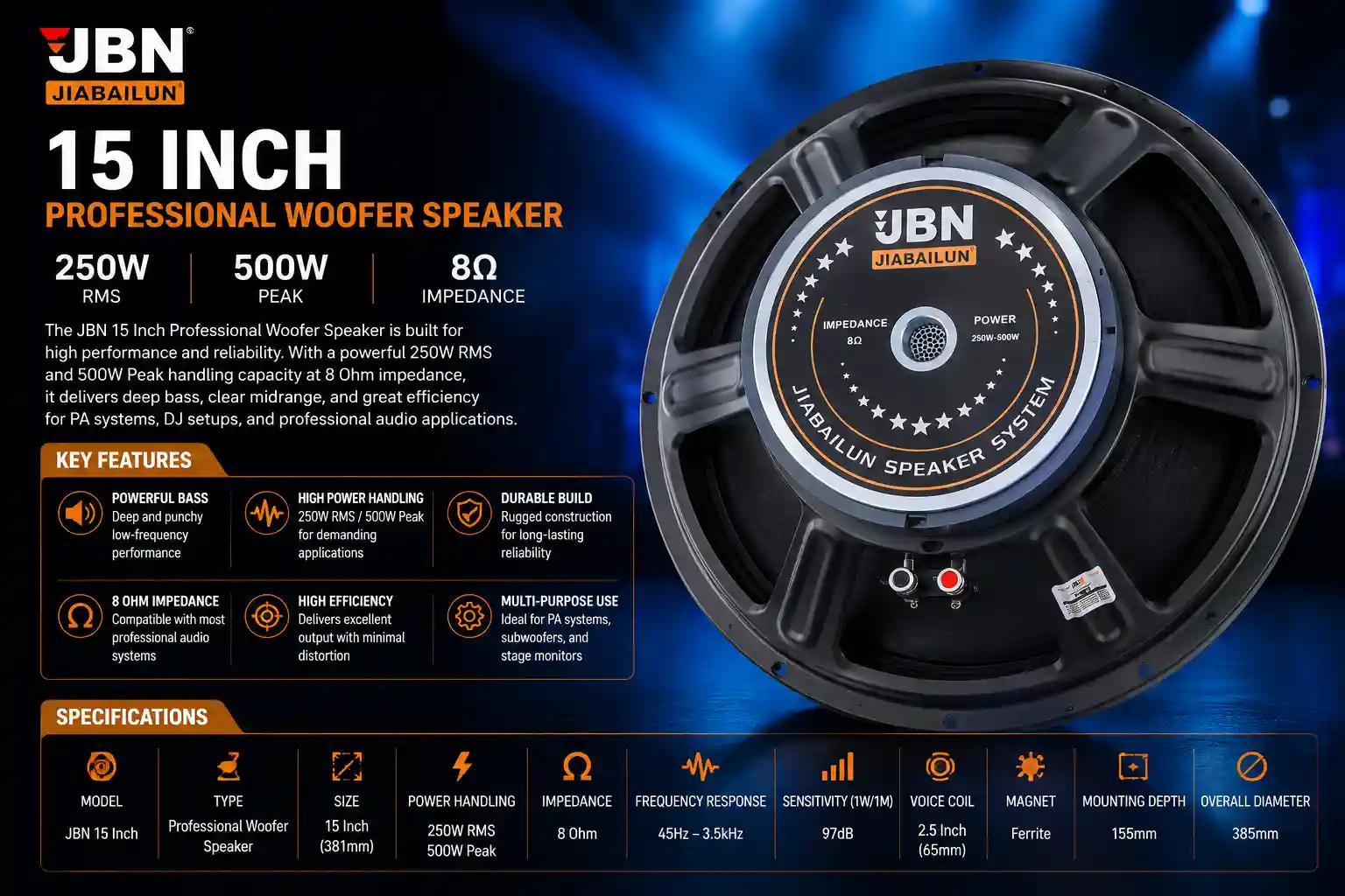 JBN 15 Inch Professional Woofer Speaker – 250W RMS 500W Peak Woofer for PA Repairs and Bass Upgrades 10 JBN 15 Inch Professional Woofer Speaker
