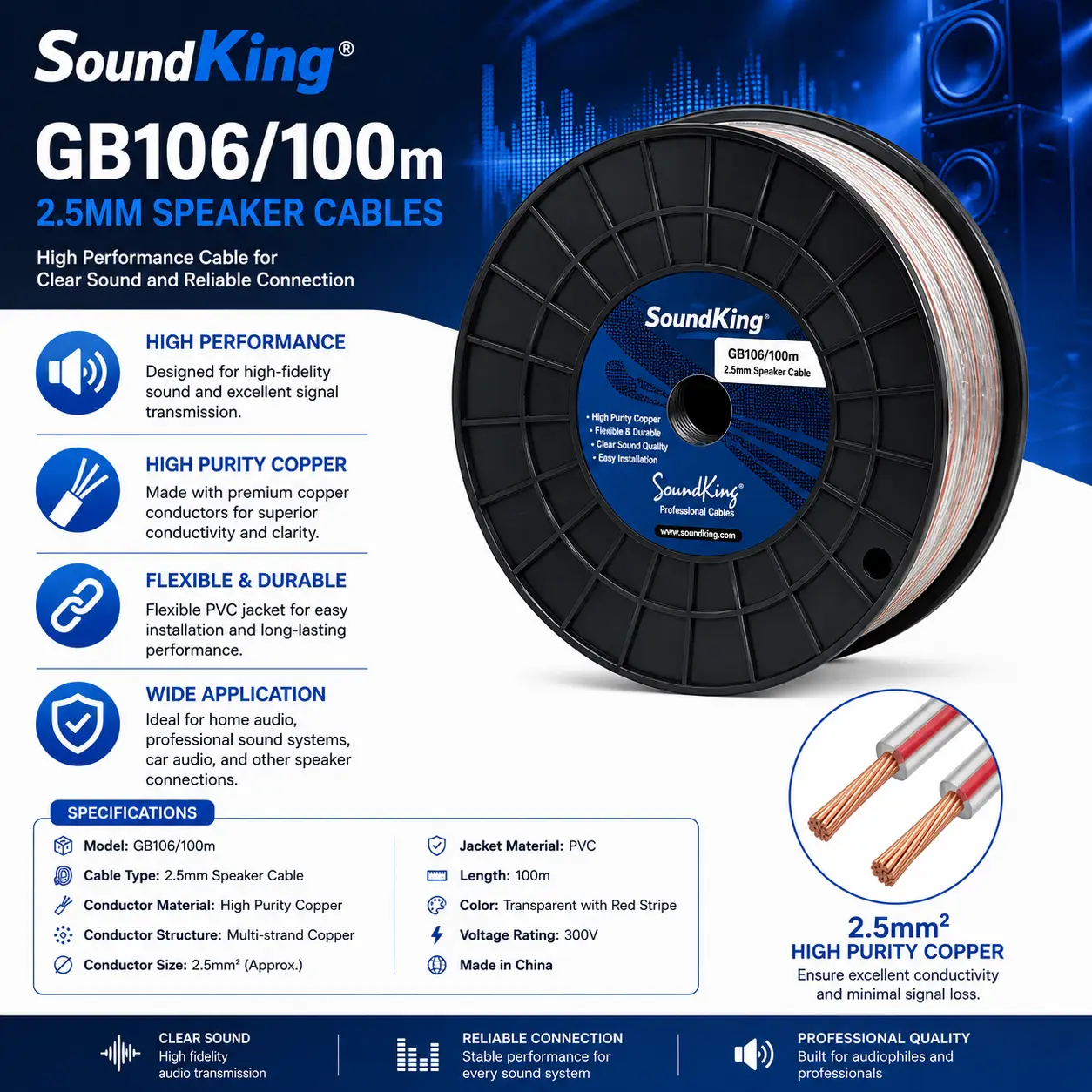 SoundKing GB106/100m 2.5mm Speaker Cables – Reliable 100m Cable Roll for PA, Church and Installation Wiring 7 SoundKing GB106 100m 2.5mm Speaker Cables