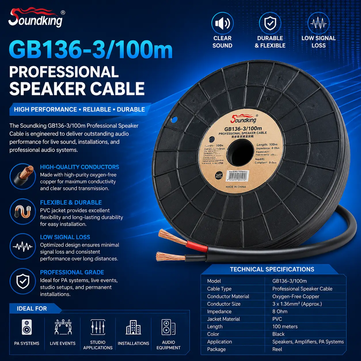 Soundking GB136-3/100m Professional Speaker Cable – 100m Cable Roll for PA Systems and Audio Installations 9 Soundking GB136-3/100m Professional Speaker Cable