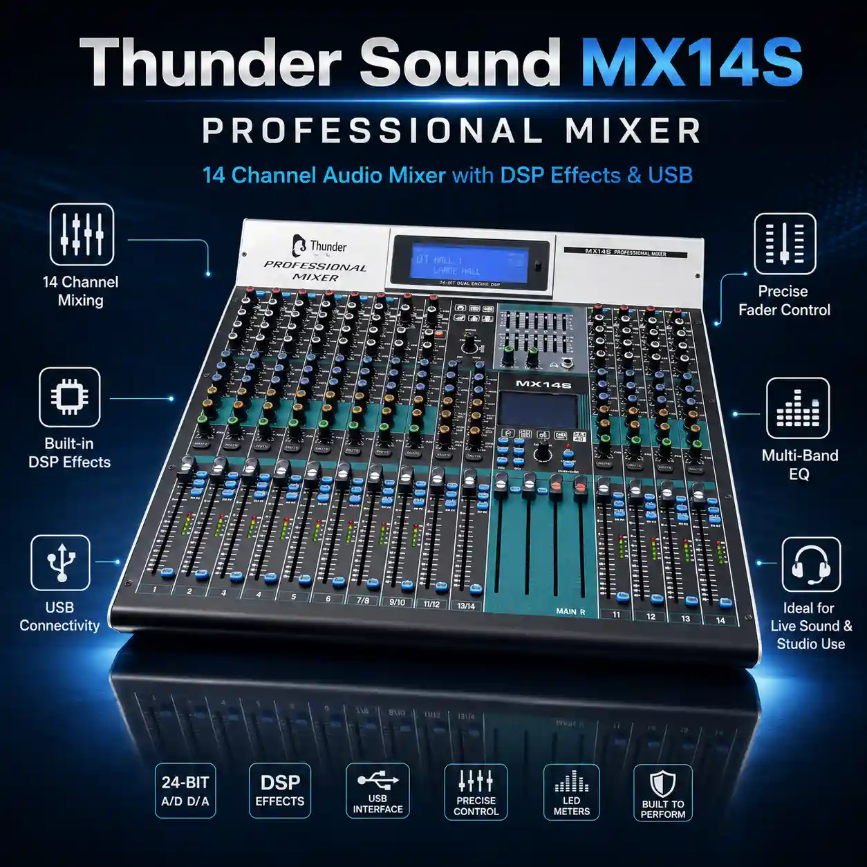 Thunder Sound MX14S Professional Mixer – 14 Channel Mixer for Churches, DJs, Studios and Live Events 10 Thunder Sound MX14S Professional Mixer