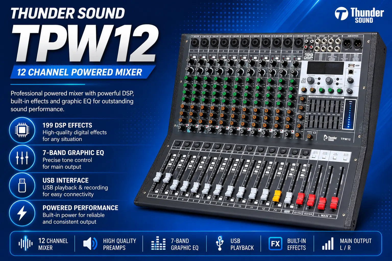Thunder Sound TPW 12 Professional Powered Audio Mixer – 12-Channel Mixer for Churches, Events and PA Systems 8 Thunder Sound TPW 12 Professional Powered Audio Mixer