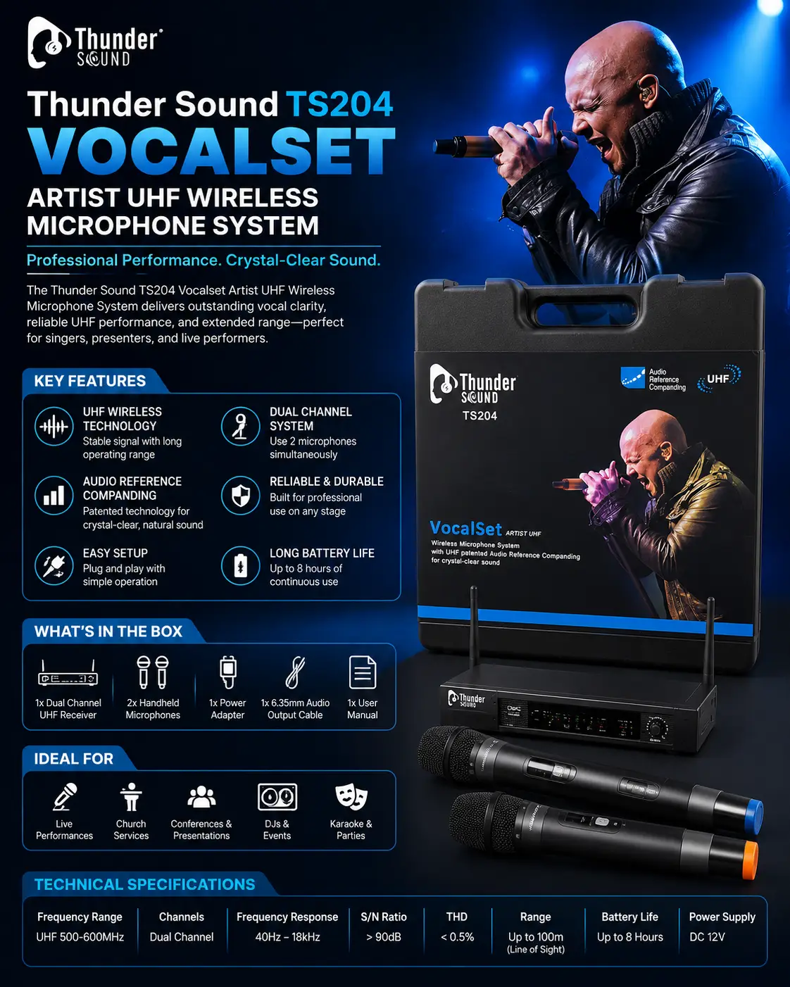 Thunder Sound TS204 Vocalset Artist UHF Wireless Microphone – Dual Mic System for Worship, DJs and Events 9 Thunder Sound TS204 Vocalset Artist UHF Wireless Microphone